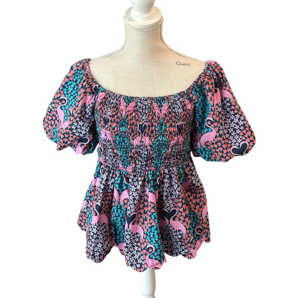 Simply Southern Puff Sleeve Top Tropical Women' Size Large